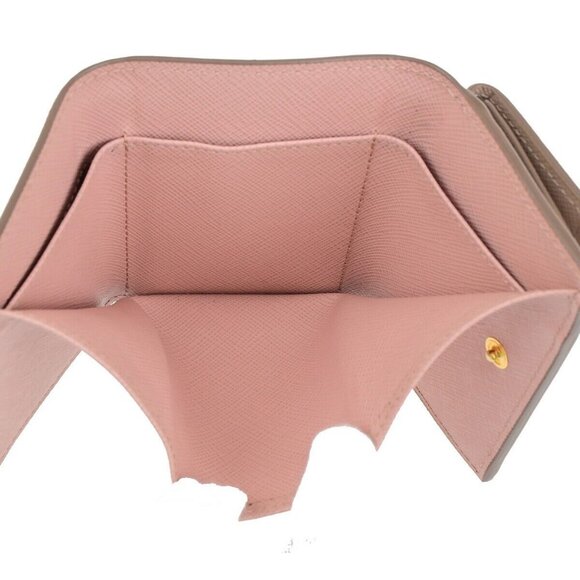 PRADA Logo Trifold Compact Wallet Saffiano Metal Leather Pink Beige 88FB246 - Picture 11 of 13